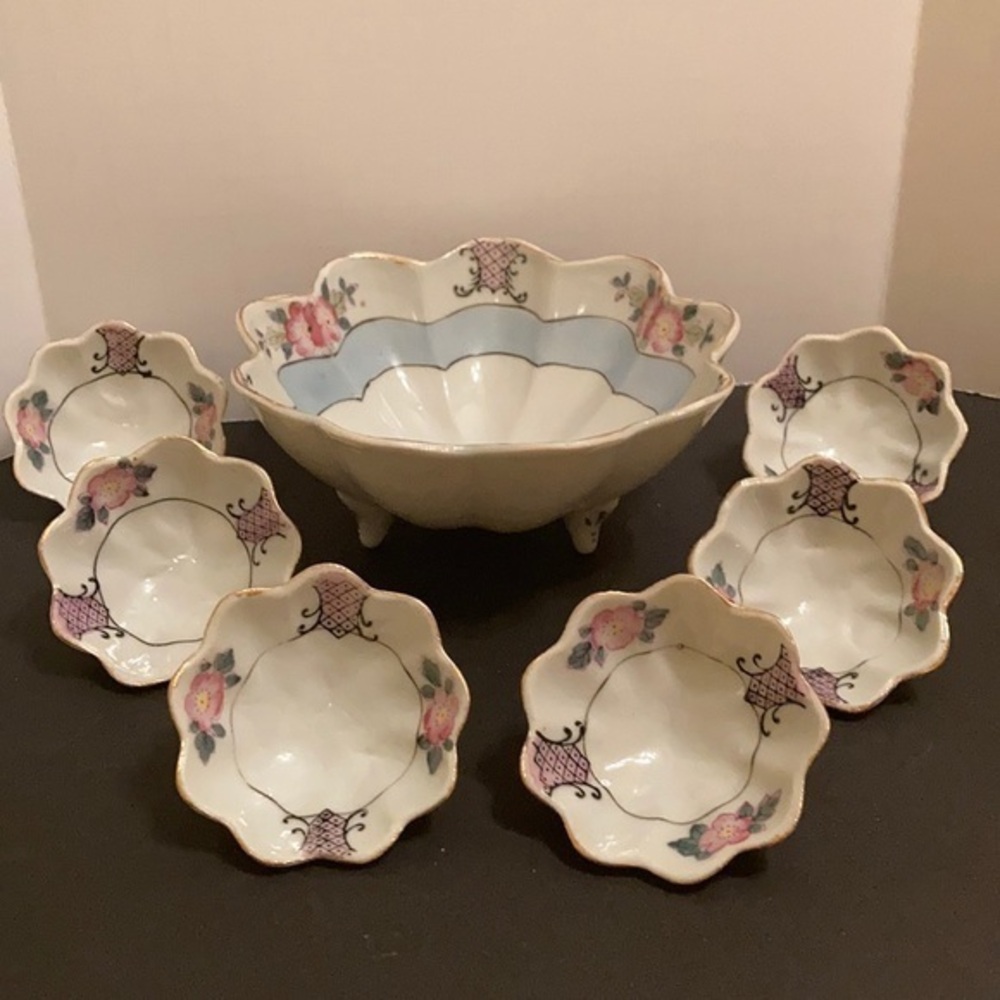 1930s Japan made hand-painted porcelain footed nut bowl 7 piece set